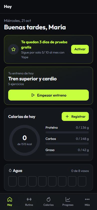 Pantalla Hoy de la app: entreno del día y calorías