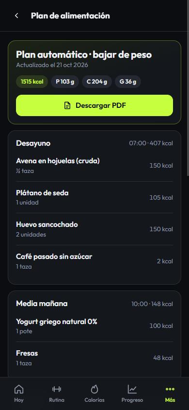 Plan de alimentación en la app con desayuno, porciones y calorías